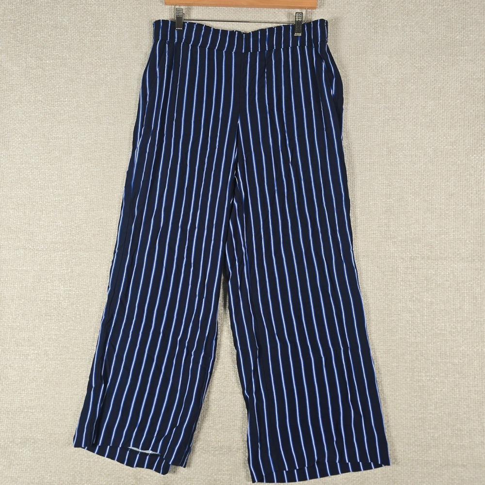 Ann Taylor Factory Navy Blue Striped Wide Leg Viscose Pants Womens Medium